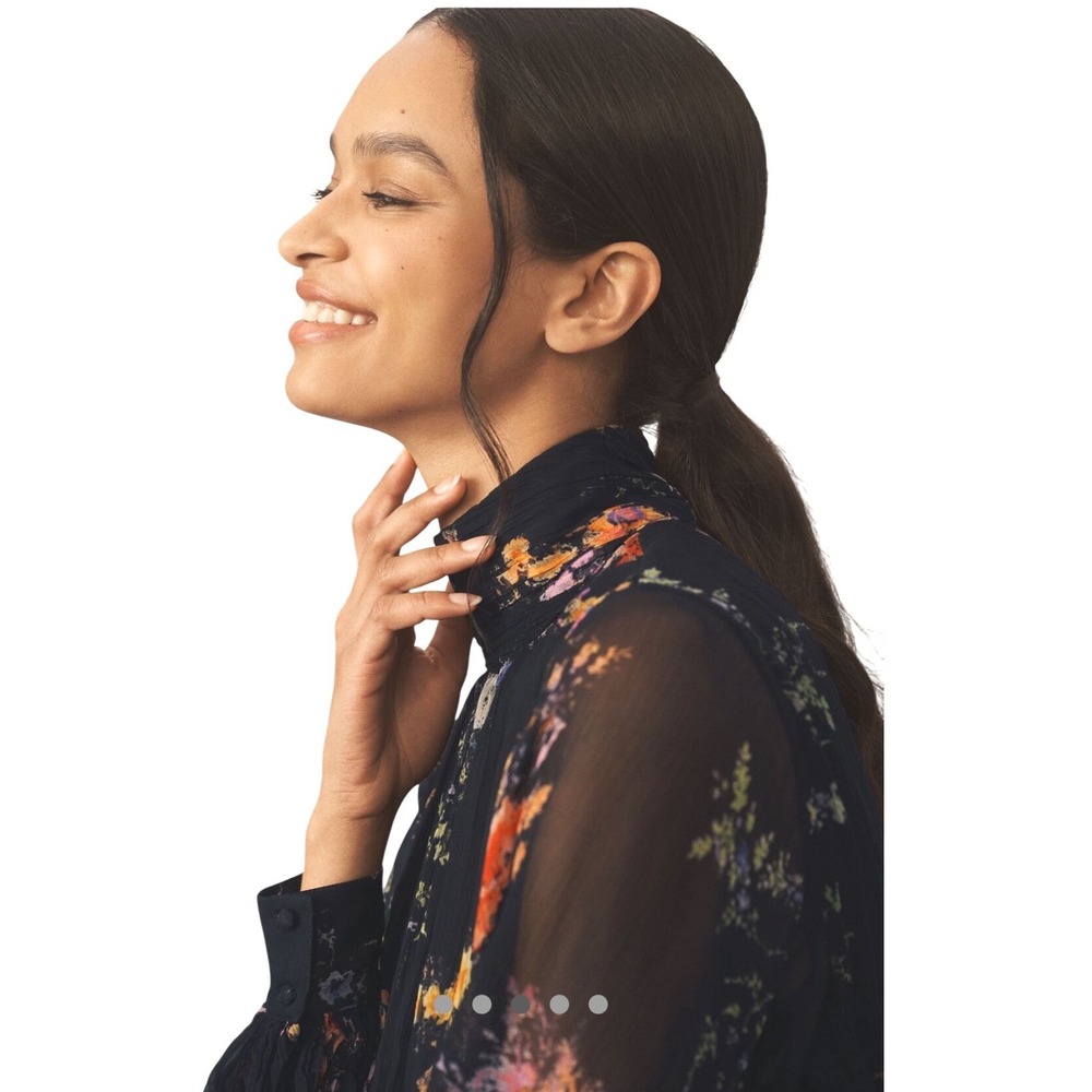 BHLDN Lior Long‎ Sleeve Turtleneck Chiffon Mini Dress Black Floral Print XXS NWT - Picture 3 of 15